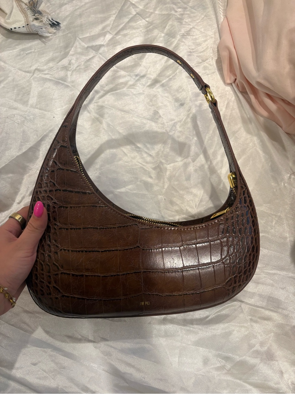 JW PEI Brown Croc-Embossed Shoulder Bag with Gold Hardware